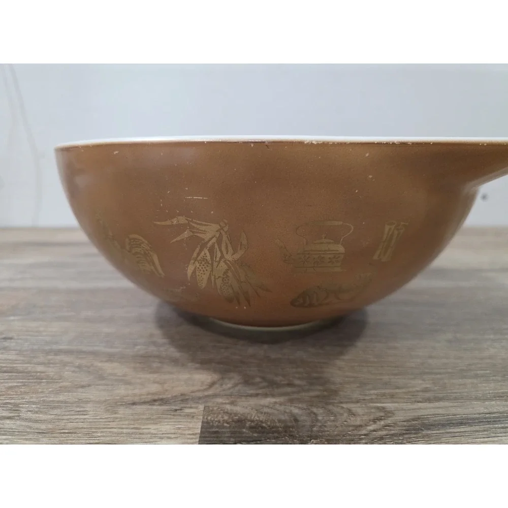 Vintage Pyrex Early American 444 4qt Cinderella Mixing Bowl Brown Gold